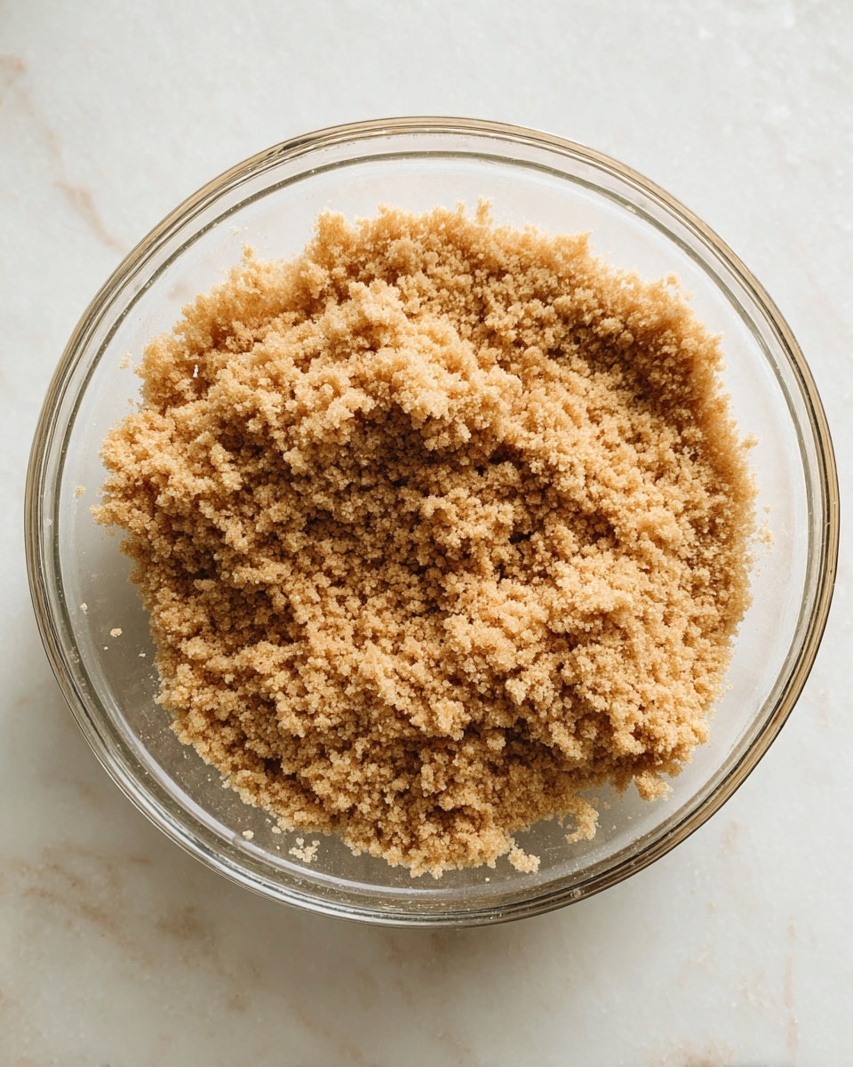 A clear glass bowl filled with a single layer of fine, crumbly light brown mixture that looks soft and grainy, sitting on a white marbled surface. The bowl is round with a slightly thick rim, and the crumbs fill most of the bowl's space unevenly, showing some small clumps and loose granules. There are no other layers or ingredients visible in the bowl. Photo taken with an iphone --ar 4:5 --v 7