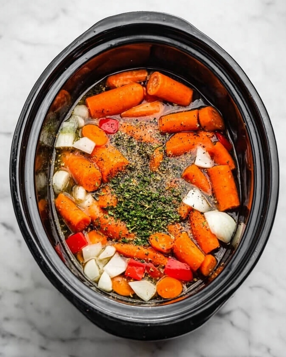 A black oval slow cooker filled with bright orange baby carrots, white chopped onions, red pepper pieces, and green herbs sitting on top. The ingredients are all mixed in clear broth with some black pepper sprinkled over. The cooker rests on a white marbled surface. photo taken with an iphone --ar 4:5 --v 7