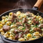 Garlic Butter Steak Bites & Creamy Alfredo Tortellini Recipe