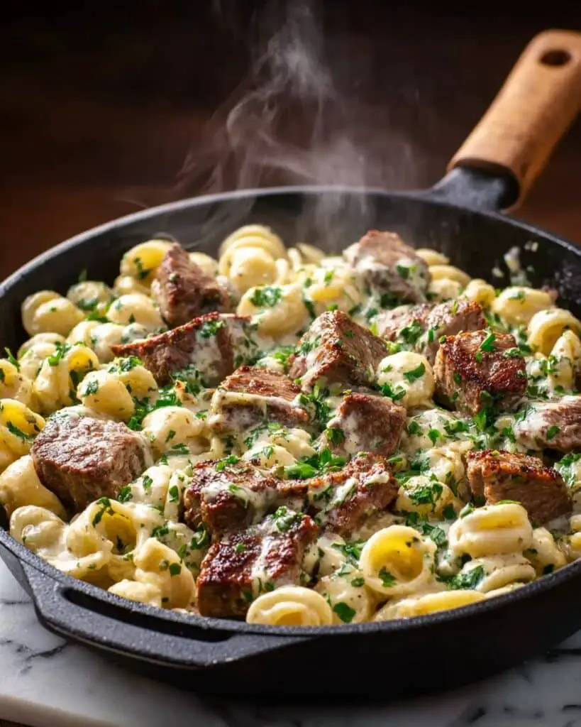 Garlic Butter Steak Bites & Creamy Alfredo Tortellini Recipe