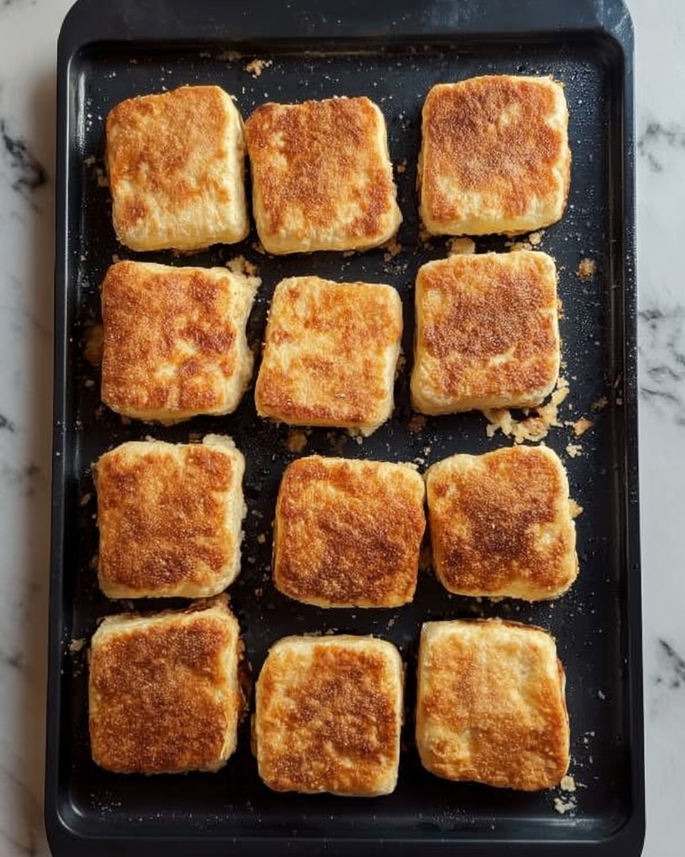 A black griddle pan holds fifteen square pieces of golden-brown cooked dough, arranged in neat rows with a few crumbs around their edges; each piece has a slightly rough and uneven texture on top, showing a cooked surface with some darker and lighter patches. The griddle shows small bits of dough stuck around the pieces, and the background is a white marbled texture. photo taken with an iphone --ar 4:5 --v 7
