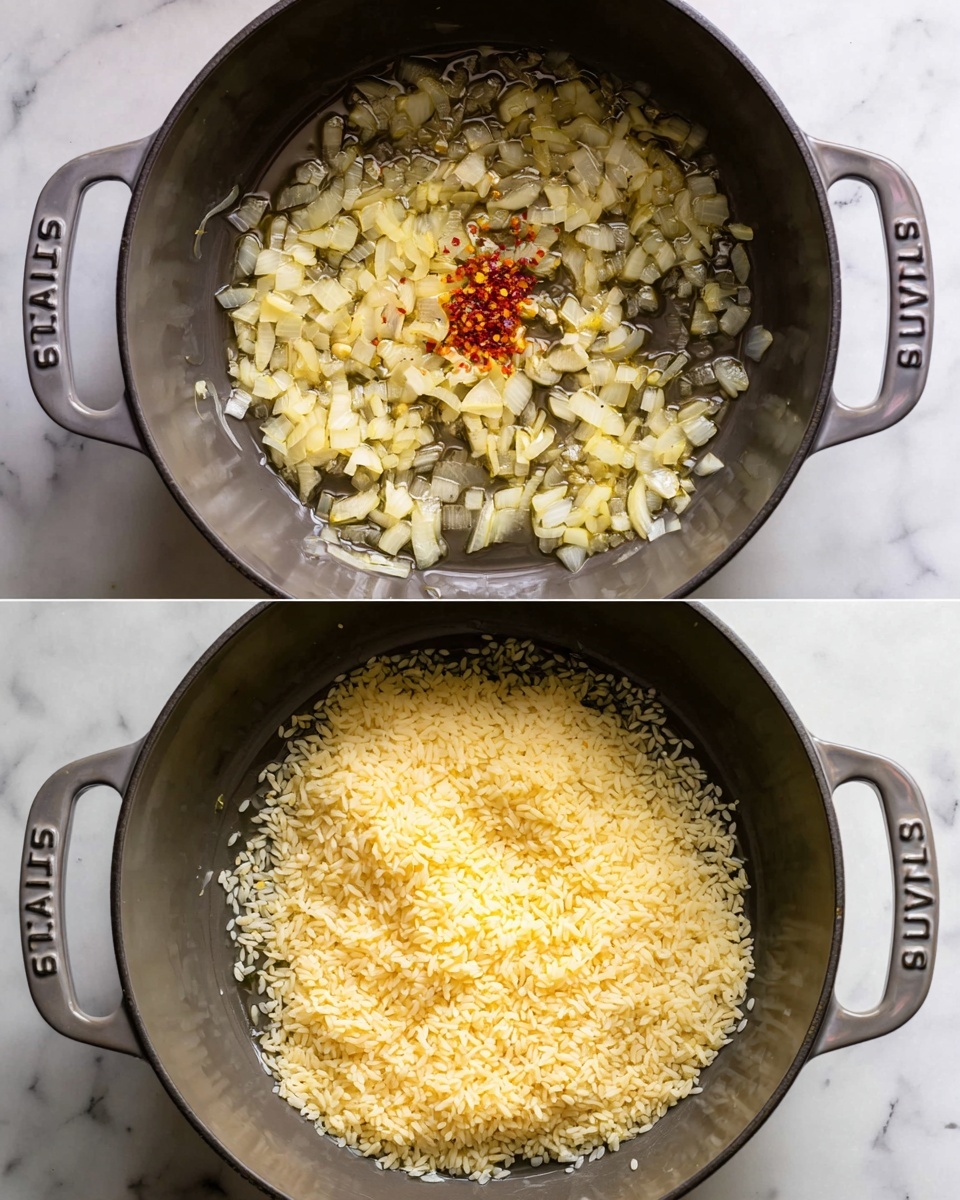 The image shows two layers of cooking inside a gray pot on a white marbled surface. In the top layer, there are small light yellow and white onion pieces sautéing in clear oil with a small spot of red chili flakes in the center, all spread evenly inside the pot. The bottom layer has the same sautéed onions and oil underneath a mound of small, pale yellow rice grains piled in the center, covering most of the pot's base. The pot has handles on each side and the brand name