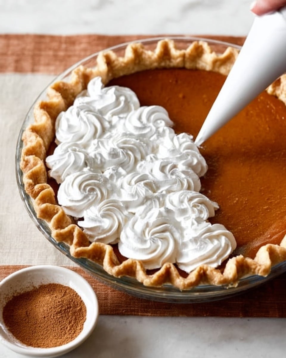 A clear glass pie dish holds a single-layer pumpkin pie with a smooth, deep orange filling topped with a thick, golden-brown crust that has a crimped edge. On one half of the pie, a woman's hand is using a white piping bag to decorate the pie with white whipped cream in swirling, wave-like patterns that cover half of the surface. To the left of the pie dish, there is a small white bowl holding a brown spice, placed on a white marbled surface that replaces the original wooden background. The scene is bright and focused on the pie and the decorating action. photo taken with an iphone --ar 4:5 --v 7