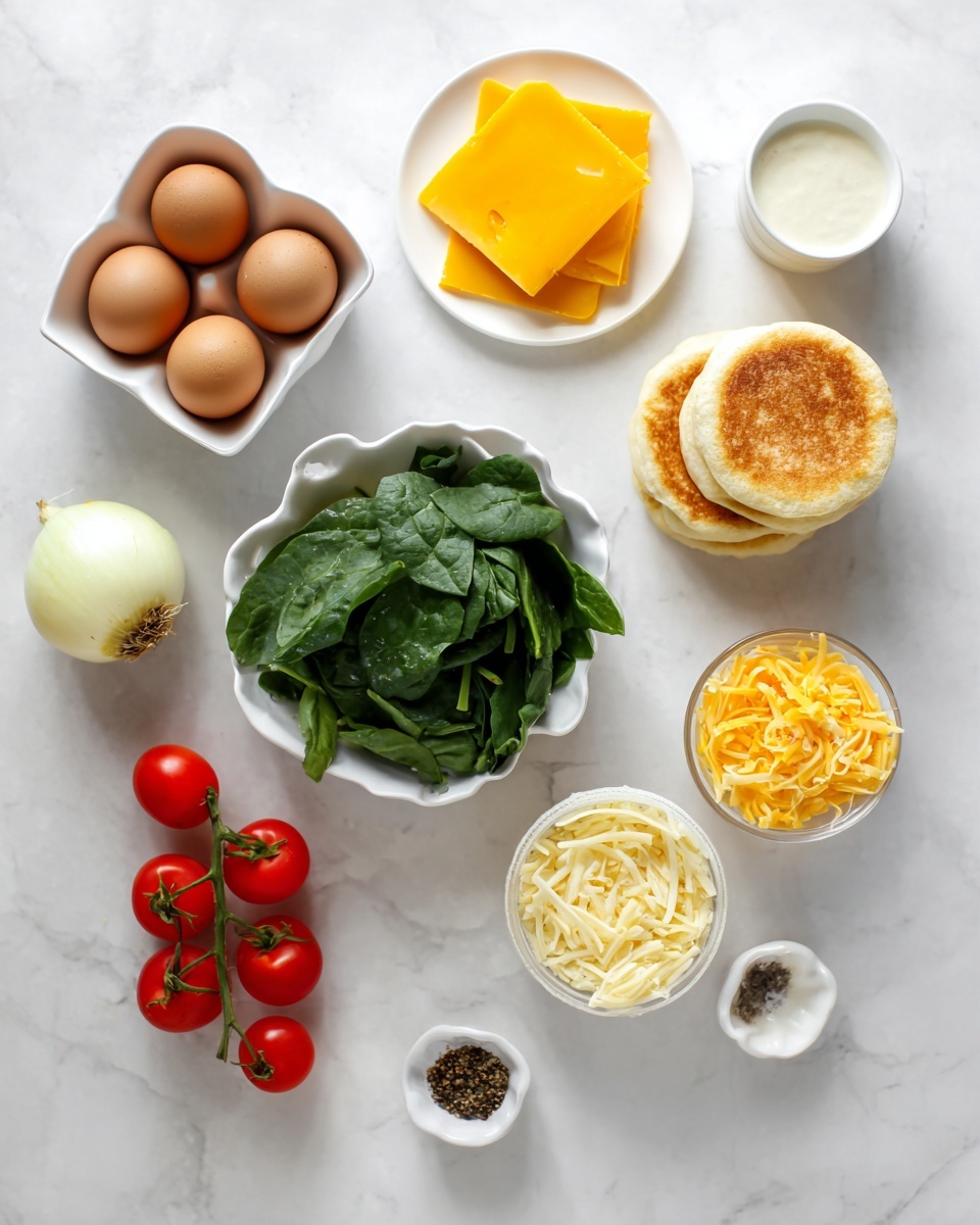 The image shows a white marbled surface with various food ingredients arranged neatly. At the top left, there is a small white square bowl filled with several brown eggs. To the right of it, there is a small white round plate holding a neat stack of bright yellow cheese slices. Below the eggs, a white scalloped bowl contains fresh green spinach leaves. To the right of the spinach, there are three lightly browned English muffins stacked on top of each other. Next to the muffins, a small bunch of red cherry tomatoes on the vine lies horizontally. At the bottom left of the image, there is a half of a peeled onion showing its light yellow inside. In the center bottom, there is a small white round bowl full of shredded yellow cheese. To the right of that, a small white round bowl holds a white creamy sauce or dressing. Finally, at the very bottom left, there is a small white bowl with black pepper inside. The overall scene has a clean and fresh look. photo taken with an iphone --ar 4:5 --v 7