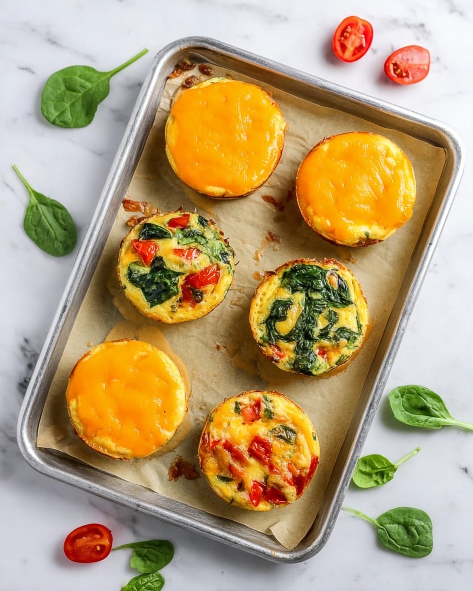 The image shows six round mini egg muffins on a metal baking tray lined with parchment paper. Three of the muffins have a bright orange melted cheese layer on the top, smooth and slightly shiny, while the other three muffins have a colorful scrambled egg layer mixed with green spinach leaves and red cherry tomato pieces, giving a textured and fresh look. The muffins are arranged in two rows of three, alternating between the cheese-topped and vegetable egg muffins. The tray is placed on a white marbled surface with a few spinach leaves and cherry tomatoes scattered around, adding a fresh and natural feel to the scene. photo taken with an iphone --ar 4:5 --v 7