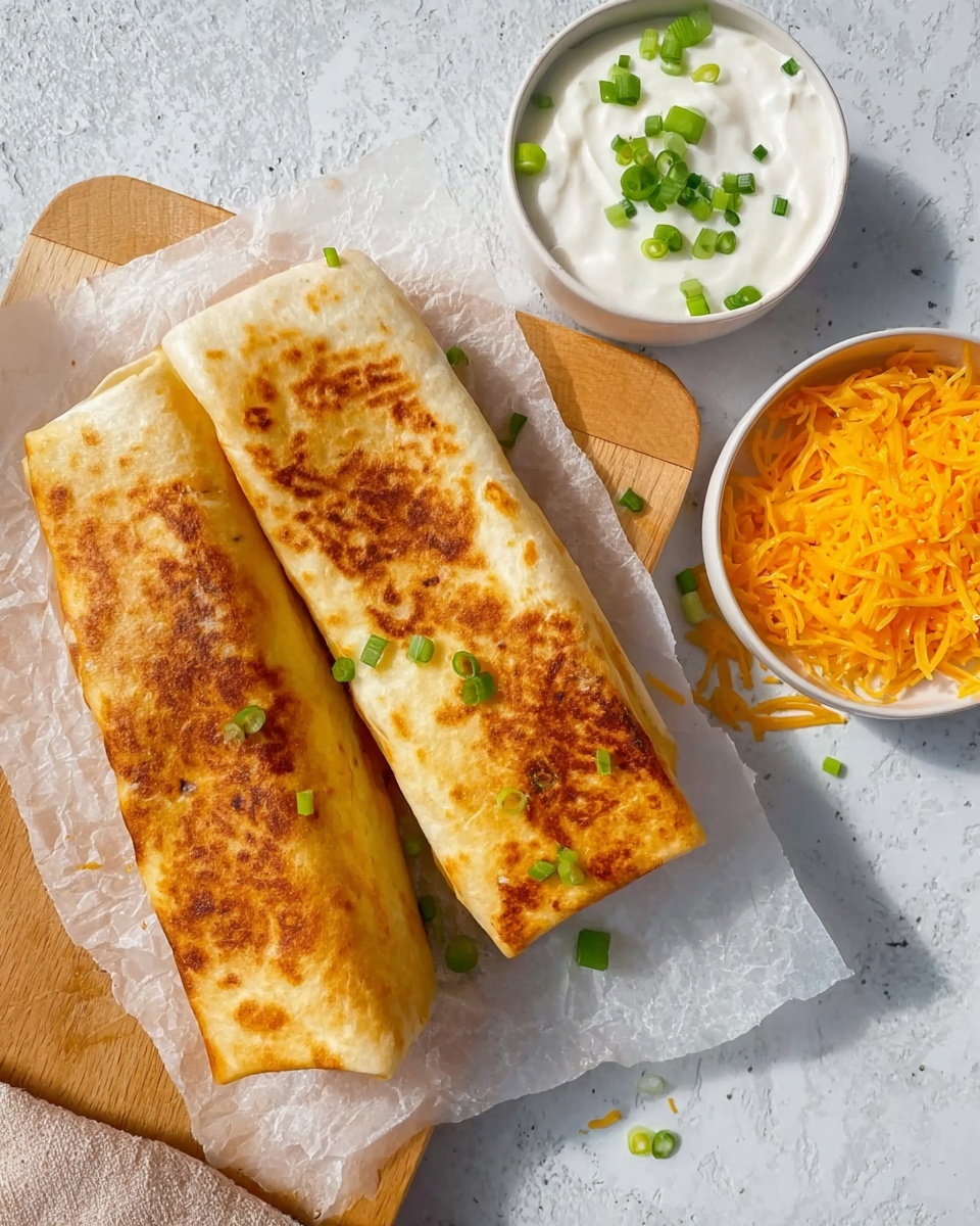 Two golden brown toasted wraps with a crispy texture on a wooden board lined with white parchment paper, placed on a white marbled surface. Next to the wraps, there’s a small white bowl with sour cream topped with chopped green onions. Below, a white bowl holds bright orange shredded cheese. The setup is bright and clear, showing the warm colors and textures of the food. photo taken with an iphone --ar 4:5 --v 7