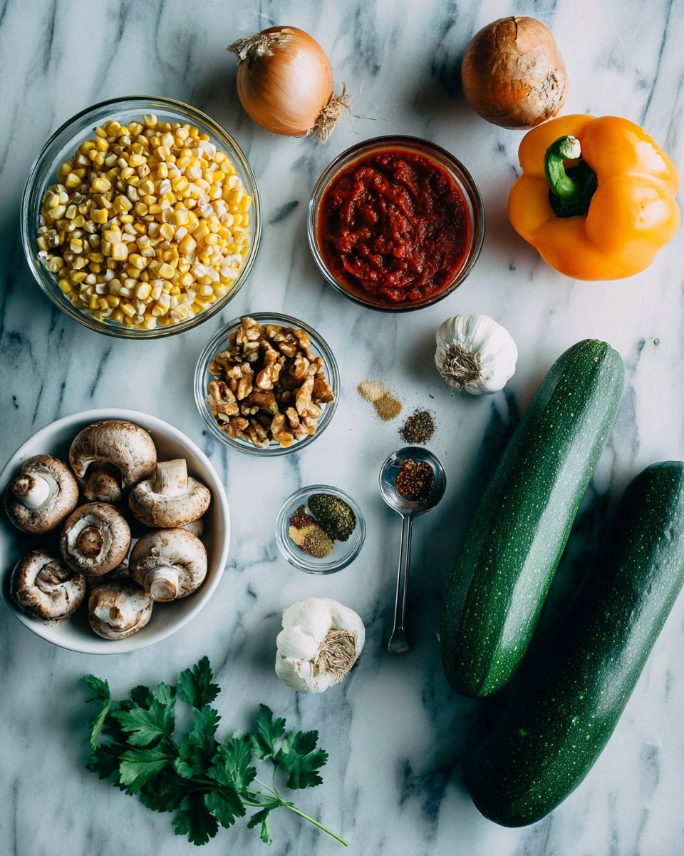 The image shows different cooking ingredients placed on a white marbled surface. There is a white bowl of mushrooms at the bottom left and two whole green zucchinis to the right. Near the center, there are two garlic cloves, a small glass bowl with spices that are red and green, and a metal measuring cup filled with shelled walnuts. Above these, there is a small glass bowl with thick red sauce. Towards the top left, a glass bowl contains yellow corn kernels, and there is an orange bell pepper on the top right. A whole onion with some roots is on the left side. Green cilantro leaves are scattered in two spots on the surface. The scene is well-lit and neat. photo taken with an iphone --ar 4:5 --v 7