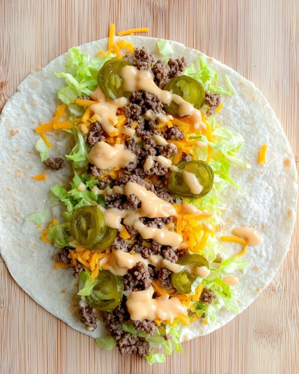 A white flour tortilla laid flat on a light wooden surface holds a layered filling from bottom to top: light green shredded lettuce, small pieces of cooked ground beef in brown, shredded orange cheddar cheese, bright green small pickle slices, all topped with a creamy light orange sauce drizzled over the top. The filling is arranged in a narrow strip down the center of the tortilla. Photo taken with an iphone --ar 4:5 --v 7