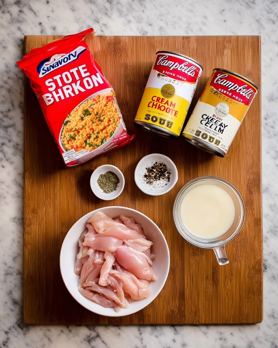 The image shows a top-down view of a wooden table with several ingredients neatly arranged. At the bottom left, there is a white bowl filled with raw, pink chicken strips. To its right, a small white bowl holds salt and black pepper, and beside it, there is a glass measuring cup filled with cream. Above these, two cans of Campbell’s cream soup—one labeled cream of celery and the other cream of chicken—are placed side by side. On the top left, a carton of Swanson chicken broth is positioned next to a red packet of Stove Top chicken stuffing mix. The entire scene is set against a white marbled texture surface. Photo taken with an iphone --ar 4:5 --v 7