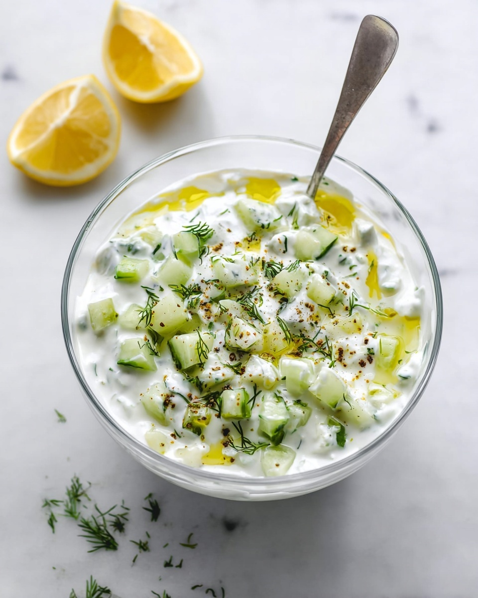 A clear glass bowl on a white marbled surface holds a creamy white yogurt mixture with visible small cubes of green cucumber and sprinkled green dill all over. The top is lightly drizzled with golden olive oil and a few black pepper specks. A silver spoon is placed inside the bowl, and two lemon halves sit nearby, one on the upper left and the other on the lower right side of the image. Small dill pieces are scattered casually on the surface. Photo taken with an iphone --ar 4:5 --v 7