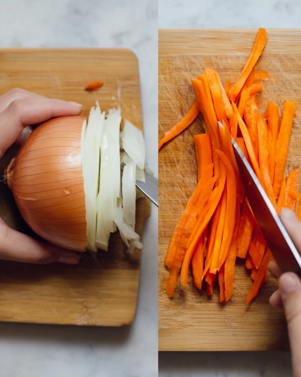 The image shows two steps of preparing vegetables on a white marbled surface. On the left, a woman's hand holds a large brown onion being sliced vertically with a kitchen knife on a wooden chopping board, revealing the white inner layers of the onion. On the right, a woman's hand is slicing bright orange carrots into thin, long matchstick-like pieces on the same wooden chopping board. The close-up view captures the texture of the vegetables and the motion of slicing. Photo taken with an iphone --ar 4:5 --v 7