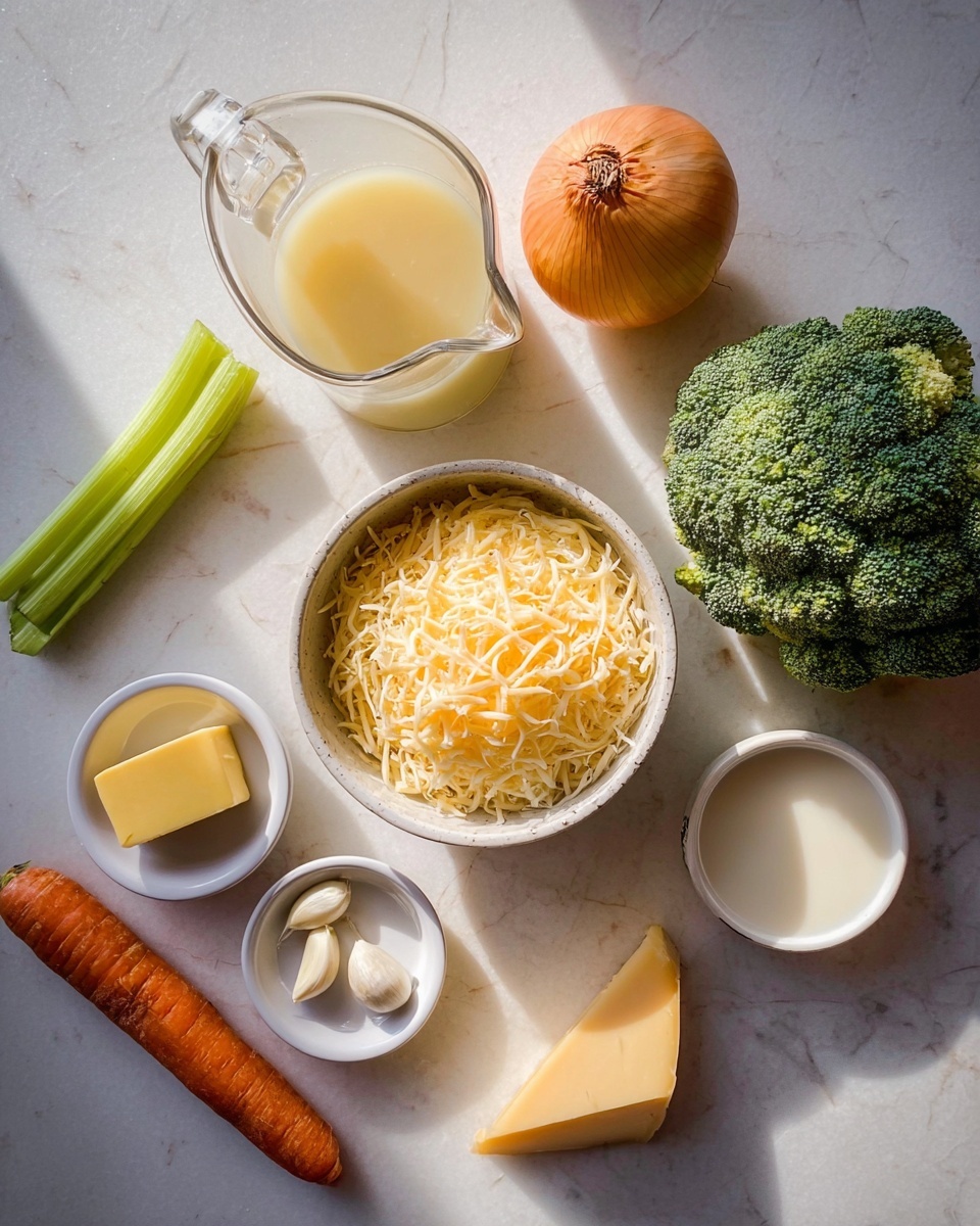 A white bowl filled with shredded orange cheese sits in the center on a white marbled surface. Above the bowl, there is a clear glass jug with light yellow broth. To the right of the bowl, a bunch of bright green broccoli and a whole light brown onion are placed. To the left of the bowl, a dark orange carrot and a pale green celery stick lie side by side. Below the bowl, three small white dishes are arranged: one with two garlic cloves, one with a square of yellow butter, and one with coarse white salt. Next to these, a small triangular block of pale yellow cheese and a white bowl filled with a creamy white liquid are also on the surface. The light casts soft shadows, making the textures and colors clear. Photo taken with an iphone --ar 4:5 --v 7
