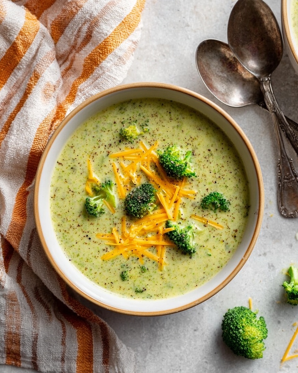 A bowl of creamy green broccoli soup fills the center of the image, with a smooth, slightly thick texture and visible small broccoli bits throughout. The soup is topped with small bright green broccoli florets and thin strips of golden yellow cheese, sprinkled evenly with coarse black pepper. The bowl is white with a thin beige rim, resting on a white marbled surface. Next to the bowl, there are two tarnished silver spoons and a few loose broccoli florets scattered on the surface. A crumpled cloth with orange and white stripes is partially visible in the top left corner. photo taken with an iphone --ar 4:5 --v 7