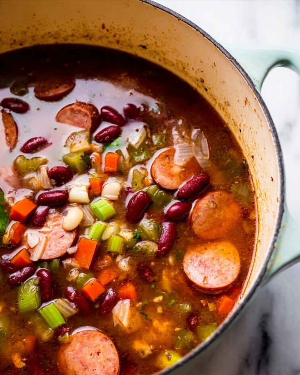 A close-up view inside a large white pot filled with a soup or stew. The dish has a clear brown broth as the base layer, floating on top are several layers including sliced light brown sausage pieces with smooth texture, small red kidney beans, and diced vegetables like bright green celery and orange carrots scattered throughout. The edges of the pot are light cream colored with some splashes of broth on them. The background features a white marbled surface. photo taken with an iphone --ar 4:5 --v 7
