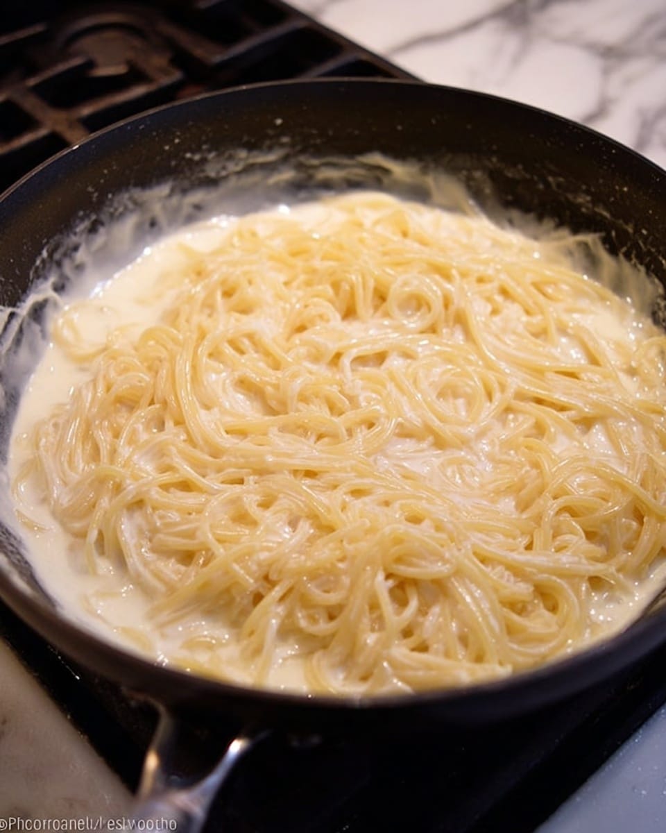 A close-up of a large black pan filled with cooked spaghetti noodles covered in thick, creamy, white sauce that bubbles gently along the edges, with the smooth sauce coating the noodles evenly, and the pan resting on a stove with part of a white marbled surface visible nearby, photo taken with an iphone --ar 4:5 --v 7