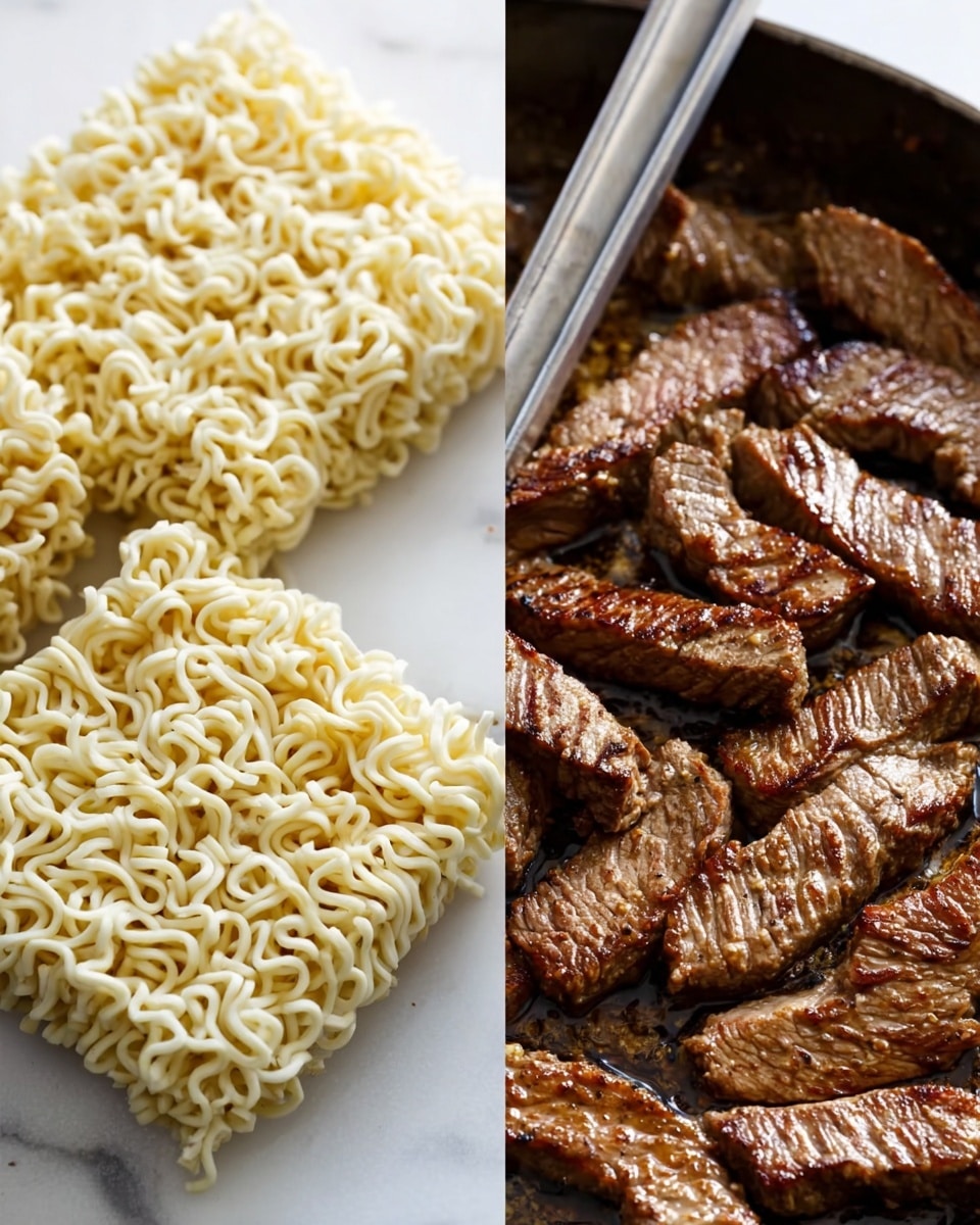 The image shows two blocks of uncooked instant ramen noodles placed on a white marbled surface. The noodles are pale yellow in color with a wavy, curly texture and are neatly square-shaped. Next to the noodles, there is a close-up view of several pieces of cooked steak strips in a pan. The steak strips are brown with visible grill marks and juicy textures, some pieces have a slightly crispy edge. A metal utensil is partly visible among the steak strips. The background is also the white marbled surface. Photo taken with an iphone --ar 4:5 --v 7