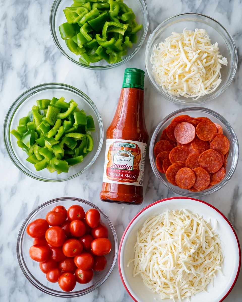 The image shows six items arranged on a white marbled surface. In the center at the top is a bottle of Contadina pizza sauce with a green cap. Surrounding it in clear glass bowls are five ingredients: at the top left, bright green chopped bell peppers; at the top right, shredded mozzarella cheese; at the bottom left, square pepperoni slices; at the bottom center, small red grape tomatoes; and at the bottom right, more shredded mozzarella cheese in a white bowl with a red rim. The items are neatly arranged in a balanced, visually pleasing way. photo taken with an iphone --ar 4:5 --v 7