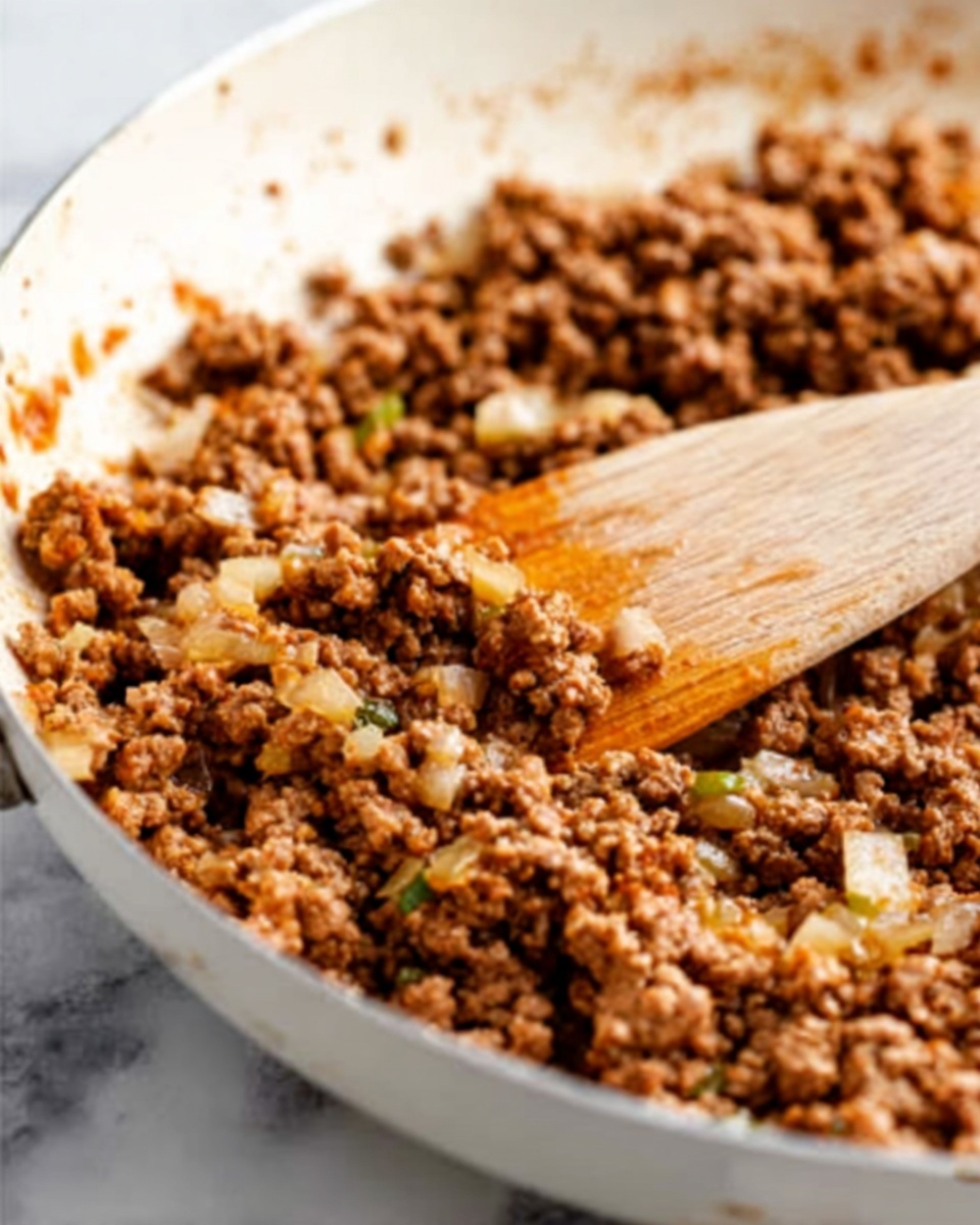 The image shows a close-up of cooked ground meat mixed with small pieces of onions, all inside a white pan. The meat is brown and crumbly, with tiny bits of translucent white and yellow onion scattered evenly throughout. A wooden spoon is stirring the mixture on the right side of the pan, its smooth surface visible and some meat stuck to it. The pan sits on a white marbled surface. Photo taken with an iphone --ar 4:5 --v 7