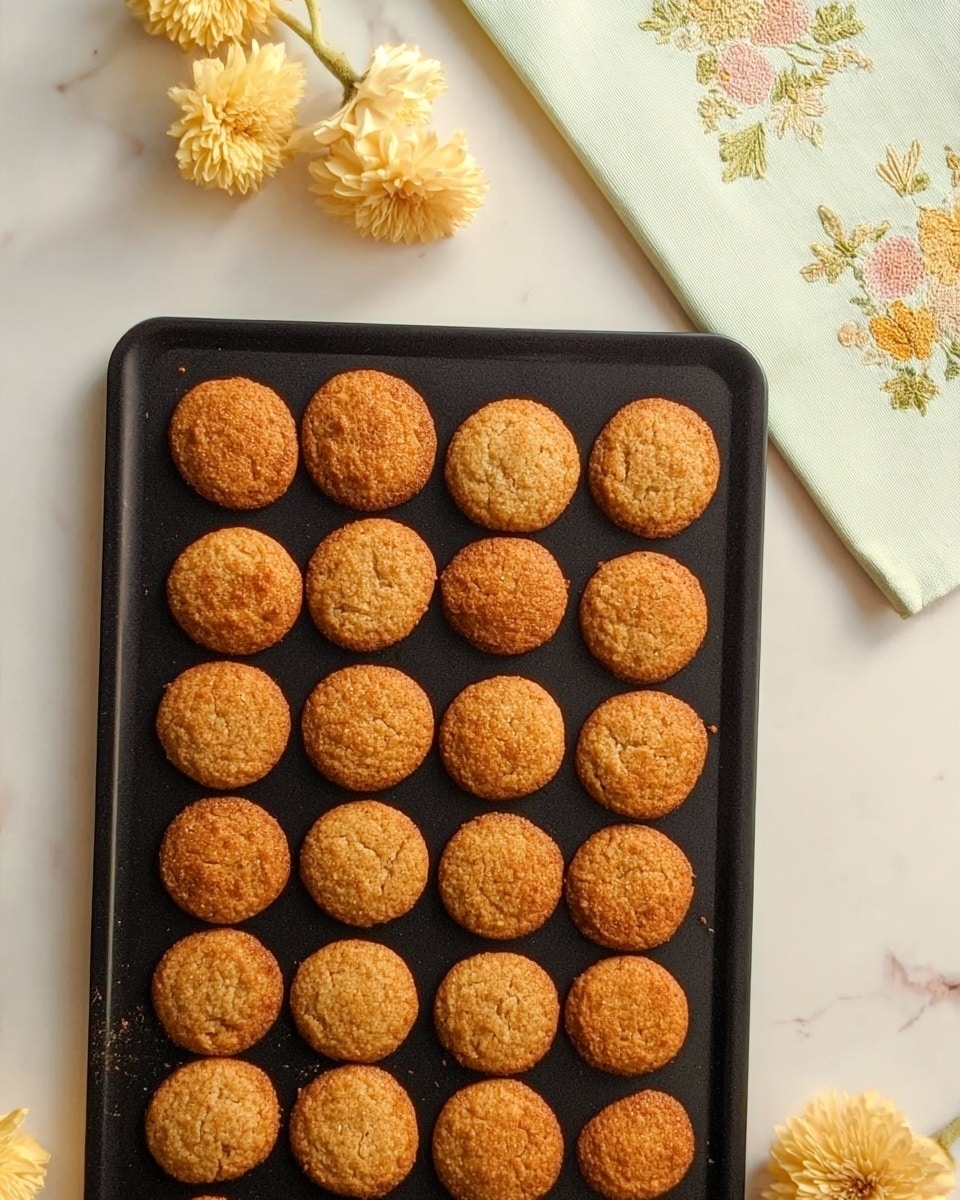 The image shows a black baking tray filled with 24 golden brown round cookies arranged in a neat 4 by 6 grid. Each cookie has a slightly uneven surface texture, showing a crispy, baked look with some small cracks. The baking tray is placed on a white marbled surface, and in the top right corner, there is a light-colored napkin with floral embroidery and several yellow and cream flowers placed on and around it. The overall lighting is soft and natural, highlighting the warm color of the cookies. photo taken with an iphone --ar 4:5 --v 7