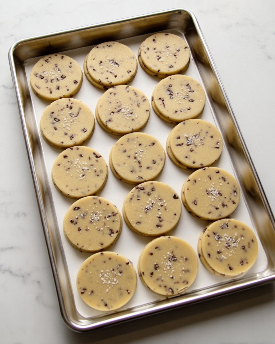 The image shows a metal baking tray on a white marbled texture surface, holding eleven round, flat cookie dough pieces arranged in rows. Each cookie dough is light beige with small, dark chocolate chips evenly spread inside. The cookies are smooth with thin thickness, and a few have a light sprinkle of coarse salt on top, adding small white specks. The tray fills most of the image, and the clean, even spacing of the dough creates a neat, orderly look. photo taken with an iphone --ar 4:5 --v 7