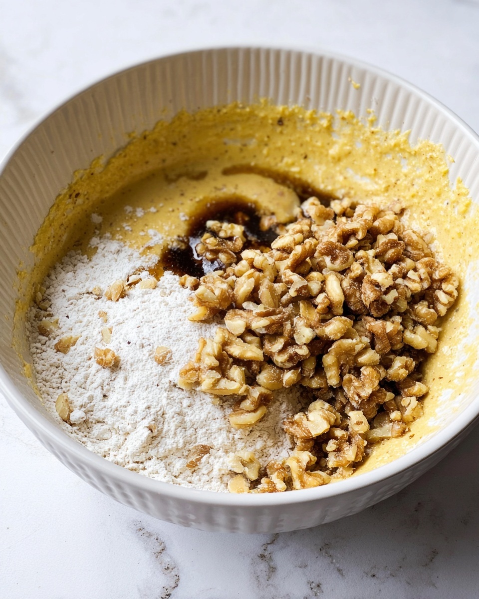 A white bowl with a textured surface holds several baking ingredients ready to be mixed. Inside, there is a thick yellow batter layer smeared on one side, a white flour layer on the opposite side, and a pile of chopped light brown walnuts resting on top near the flour. Dark brown syrup or molasses pools near the center, partially covering some walnuts. The bowl sits on a white marbled surface. photo taken with an iphone --ar 4:5 --v 7