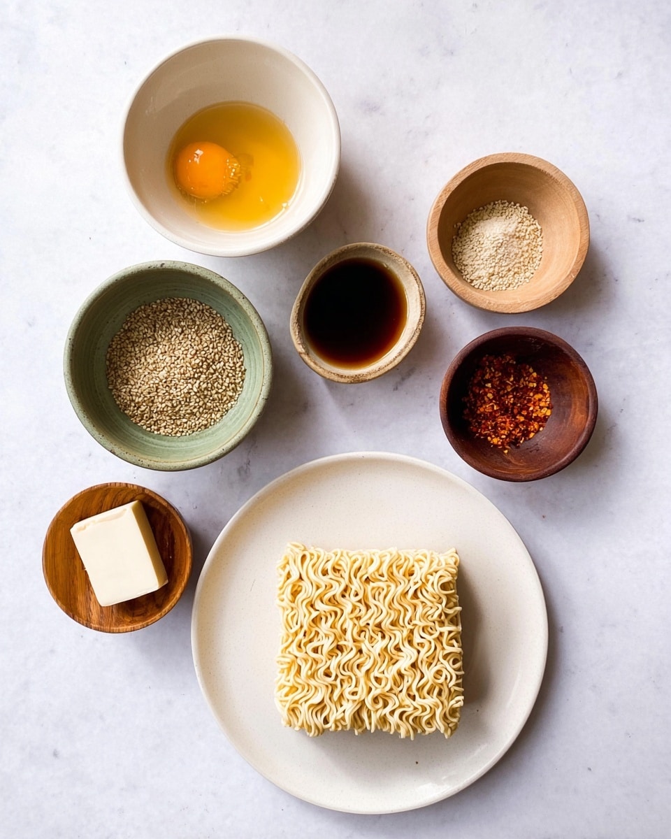 The image shows a top view of several small bowls and a plate arranged on a white marbled surface. In the center bottom, there is a white plate holding a square block of dry instant ramen noodles with a beige color and wavy texture. Above and around it, there are six small bowls: at the top center, a white bowl with dark brown soy sauce; to the left of it, a beige bowl with a beaten yellow egg mixture; to the left of that, a green bowl with a mix of sesame seeds and seasoning. Below the green bowl, a small wooden bowl with a white rectangular piece of butter. To the right of the soy sauce, a light wooden bowl with a light tan powder. Below that, a small brown bowl with red chili flakes, and next to it on the right, another small brown bowl containing a few cloves of chopped garlic in a small amount of oil. All bowls have smooth surfaces and the arrangement creates a balanced look. Photo taken with an iphone --ar 4:5 --v 7
