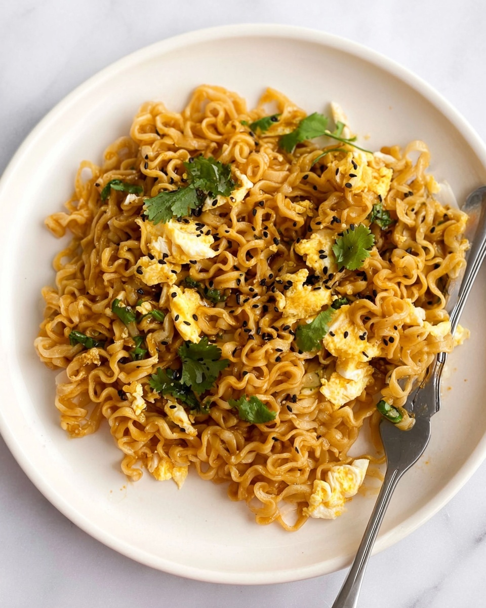 A white plate holds a single layer of cooked curly noodles colored light brown with a slight shine, mixed with uneven pieces of scrambled eggs that are yellow with white edges, scattered evenly throughout. The dish is dotted with small black sesame seeds and sprinkled with fresh green cilantro leaves. A silver fork is placed on the right side of the plate, with some noodles wrapped around its prongs. The plate rests on a white marbled surface. photo taken with an iphone --ar 4:5 --v 7