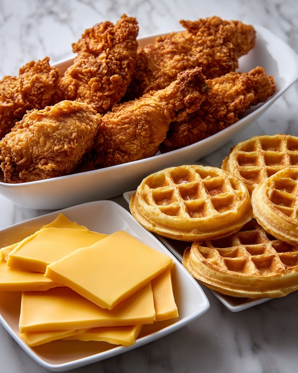 The image shows two white square bowls on a white marbled surface. The bowl on the left is filled with several pieces of golden brown crispy fried chicken with rough and crunchy texture. The bowl on the right contains six round toasted waffles arranged in two rows, each waffle light golden with a checkered pattern on top. Next to the waffles are several slices of smooth, thin, bright yellow cheese stacked neatly. Photo taken with an iphone --ar 4:5 --v 7