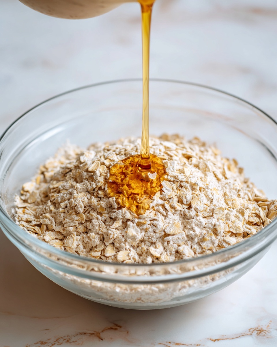 A clear glass bowl filled with a dry mix of light beige rolled oats and flour sits on a white marbled surface. A stream of golden syrup is pouring from above into the center of the bowl, landing on the oats and creating a small shiny pooling area. The texture of the oats is rough and flaky, and the syrup is smooth and glossy, contrasting with the dryness of the oats. The background is softly blurred, focusing on the bowl and the syrup pour. photo taken with an iphone --ar 4:5 --v 7