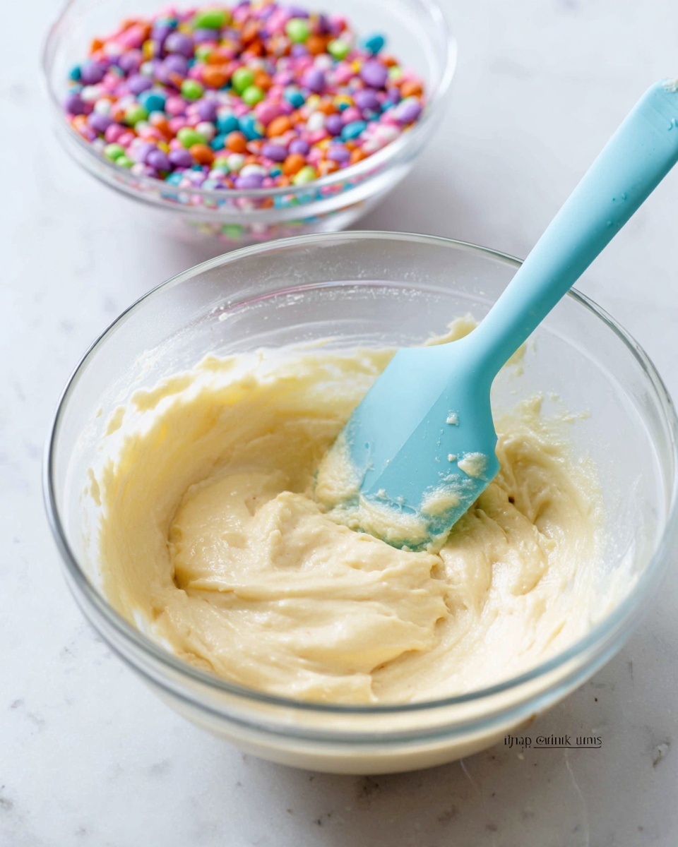 A clear glass bowl filled with a creamy, light yellow batter with a smooth, fluffy texture sits on a white marbled surface. Inside the bowl, a light blue silicone spatula rests gently on the batter, with some batter clinging to its edge. In the background, slightly out of focus, there is a small clear glass bowl filled with colorful round and rod-shaped sprinkles in bright shades of pink, orange, yellow, green, purple, and blue. photo taken with an iphone --ar 4:5 --v 7