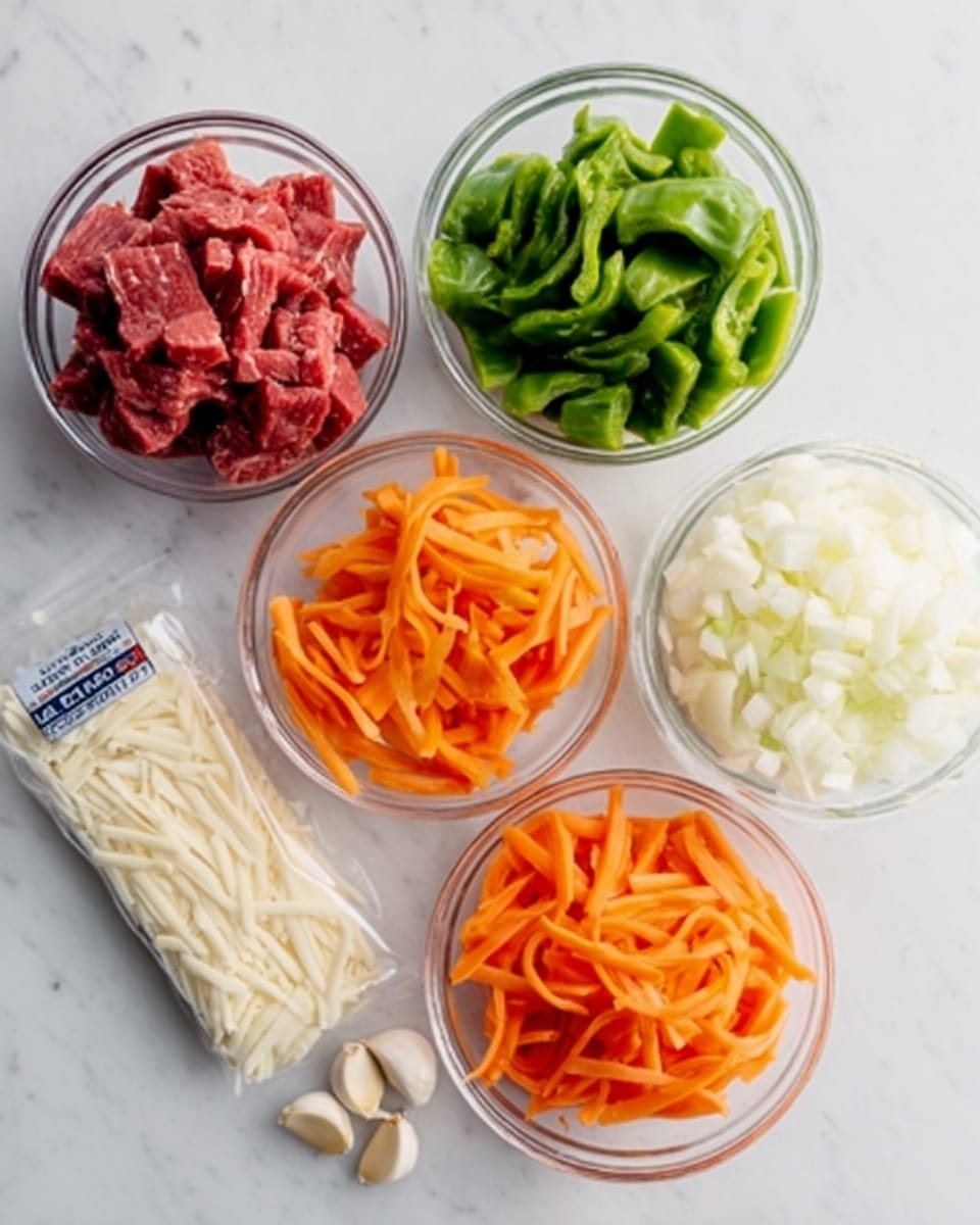The image shows five clear glass bowls arranged on a white marbled surface. The top left bowl contains raw thinly sliced red meat with a soft texture. At the top right, a bowl holds fresh green sliced bitter melon, showing a rough, ridged texture. In the center bottom, an orange bowl is filled with thinly sliced carrot sticks, smooth and bright. The bottom right bowl contains finely chopped white onions with a slightly glossy look. To the left, three cloves of whole peeled garlic lie on the surface next to a clear plastic package of shredded white mozzarella cheese. photo taken with an iphone --ar 4:5 --v 7