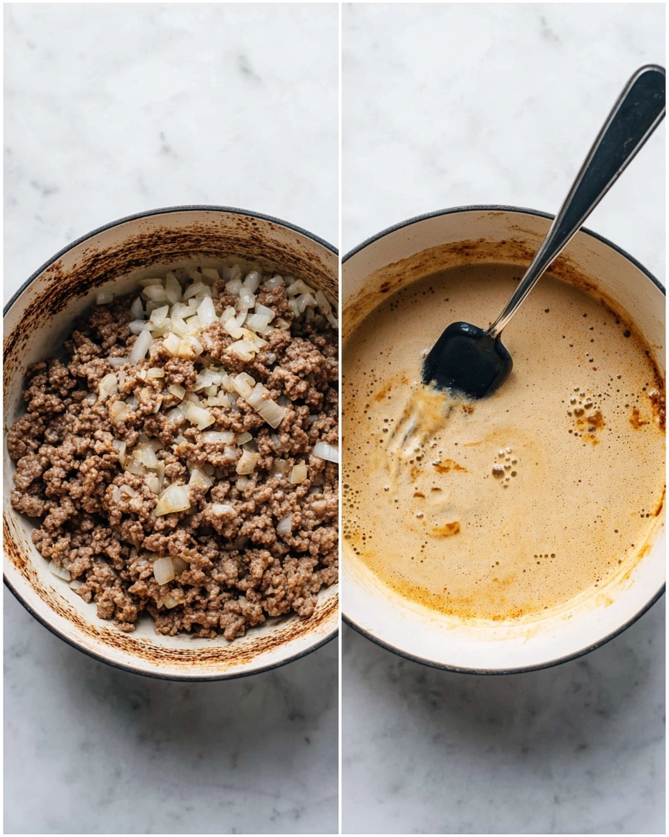 Two round white pots are shown side by side on a white marbled surface. The left pot holds cooked ground meat mixed with small pieces of translucent white onion, its texture crumbly but moist, with some browned bits stuck on the sides of the pot. A black spatula is partially resting on the meat, positioned at the top right inside of the pot. The right pot contains a creamy light brown sauce with streaks and bubbles visible on the surface, showing it has just been stirred. A silver fork rests inside the pot, touching the sauce near the center. The pots have slightly browned edges inside, adding a rustic look. Photo taken with an iphone --ar 4:5 --v 7