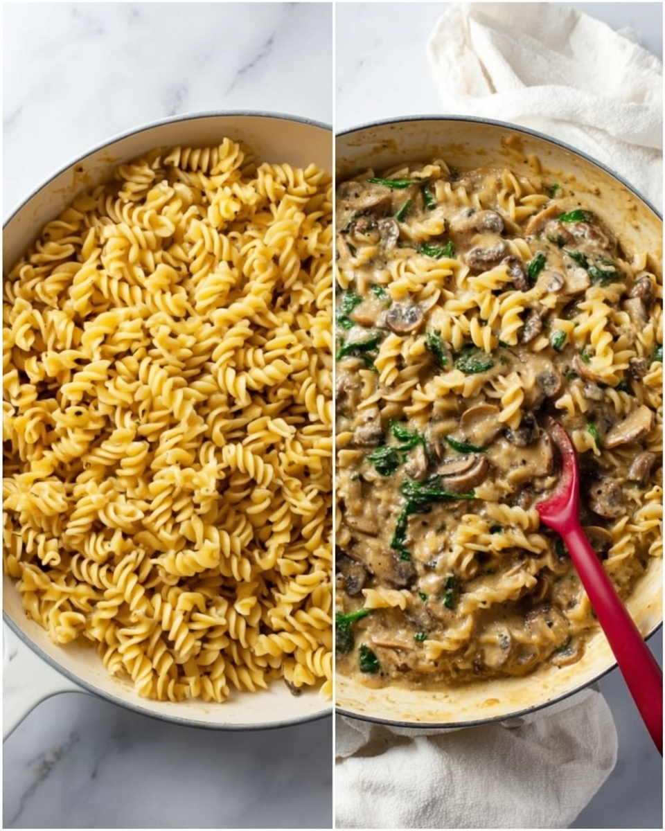 The image shows two side-by-side round white pans placed on a white marbled surface. The left pan is filled with plain yellow spiral pasta with a creamy sauce at the bottom, and a red spoon partly dipped in the pasta on the right side. The right pan contains the same pasta now mixed with ingredients like finely cut green spinach leaves and small light brown mushroom pieces, all covered evenly by a thick creamy sauce, giving a rich textured look. Both shots have soft lighting, and a white cloth is casually placed next to the right pan. photo taken with an iphone --ar 4:5 --v 7