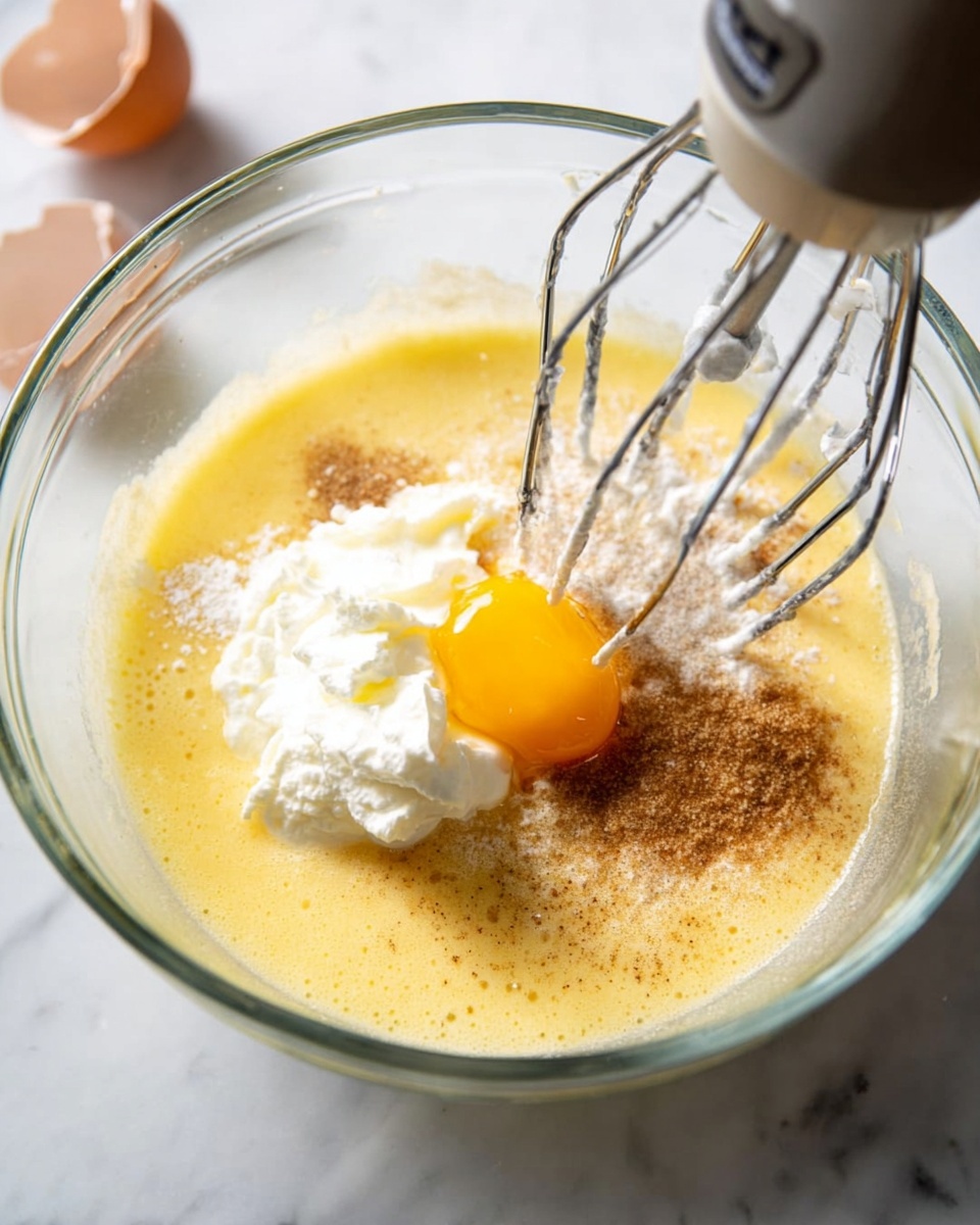 A clear glass bowl sits on a white marbled surface, filled with several layers of ingredients. At the bottom is a smooth, light yellow batter with a slightly thick texture. On top of that, near the center, is a whole raw egg yolk with a bright yellow-orange color. Next to the egg yolk is a dollop of white creamy material with a soft, fluffy texture. Sprinkled over parts of the batter and near the cream are small amounts of a brownish powder, adding specks of color. A silver electric mixer with whisk attachments is held above the bowl by a woman's hand, ready to blend the layers together. photo taken with an iphone --ar 4:5 --v 7