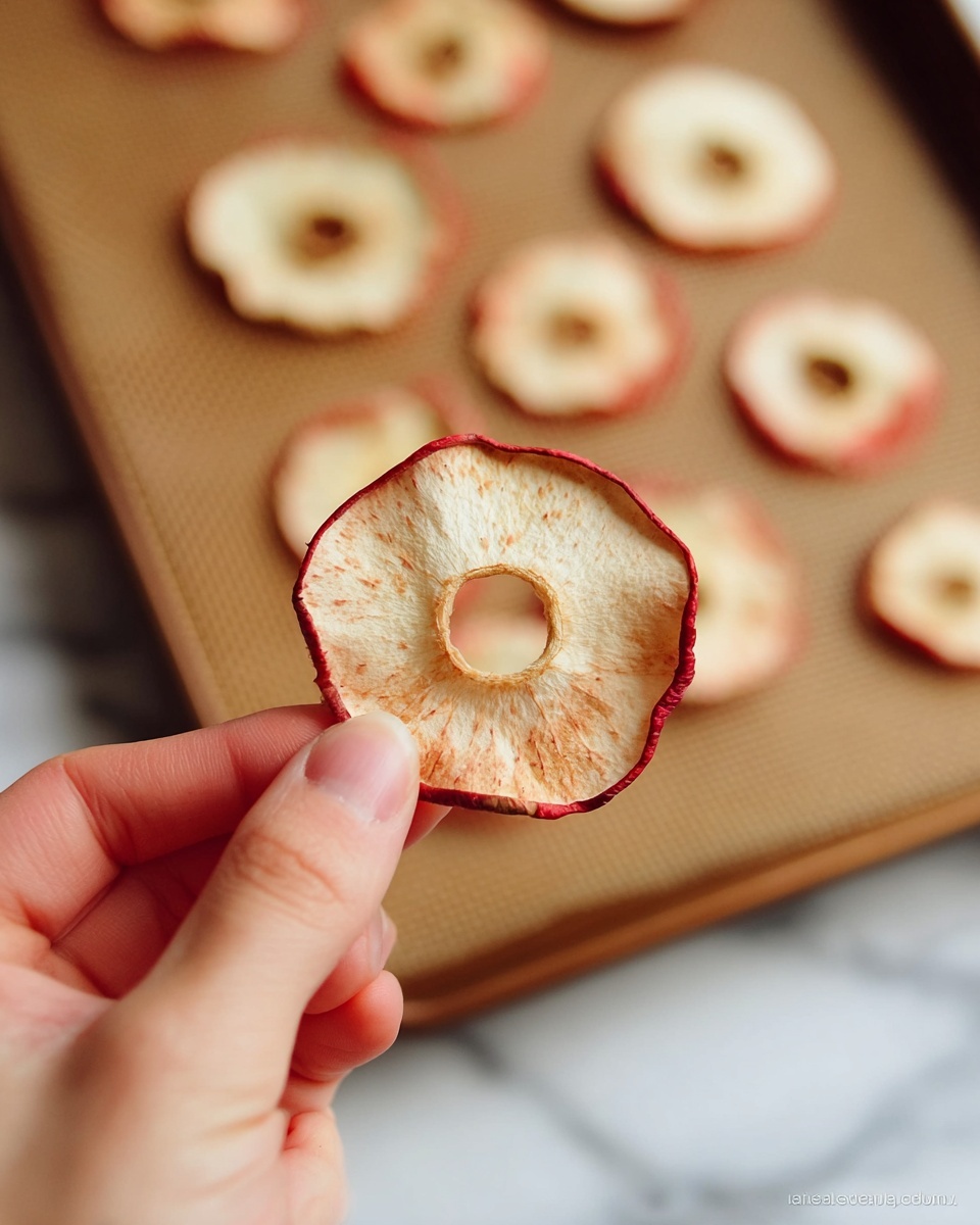 A close-up image of a woman's hand holding a single dried apple slice with a red rim and light beige interior, showing a round hole in the center. In the blurred background, several more similar dried apple slices are laid flat on a baking tray with a beige mat underneath. The whole scene is set on a white marbled surface. photo taken with an iphone --ar 4:5 --v 7