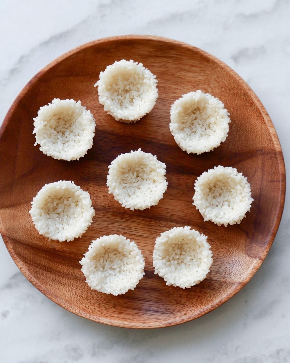 The image shows a round wooden plate with eight small rice cups arranged neatly on it. Each rice cup is shaped like a little bowl, with white grains of rice forming a hollow center, and the texture is slightly sticky and clumped to hold the shape. The rice cups are evenly spaced, and the wooden plate has warm brown tones with visible fine wood grain patterns. The background is a white marbled texture. photo taken with an iphone --ar 4:5 --v 7
