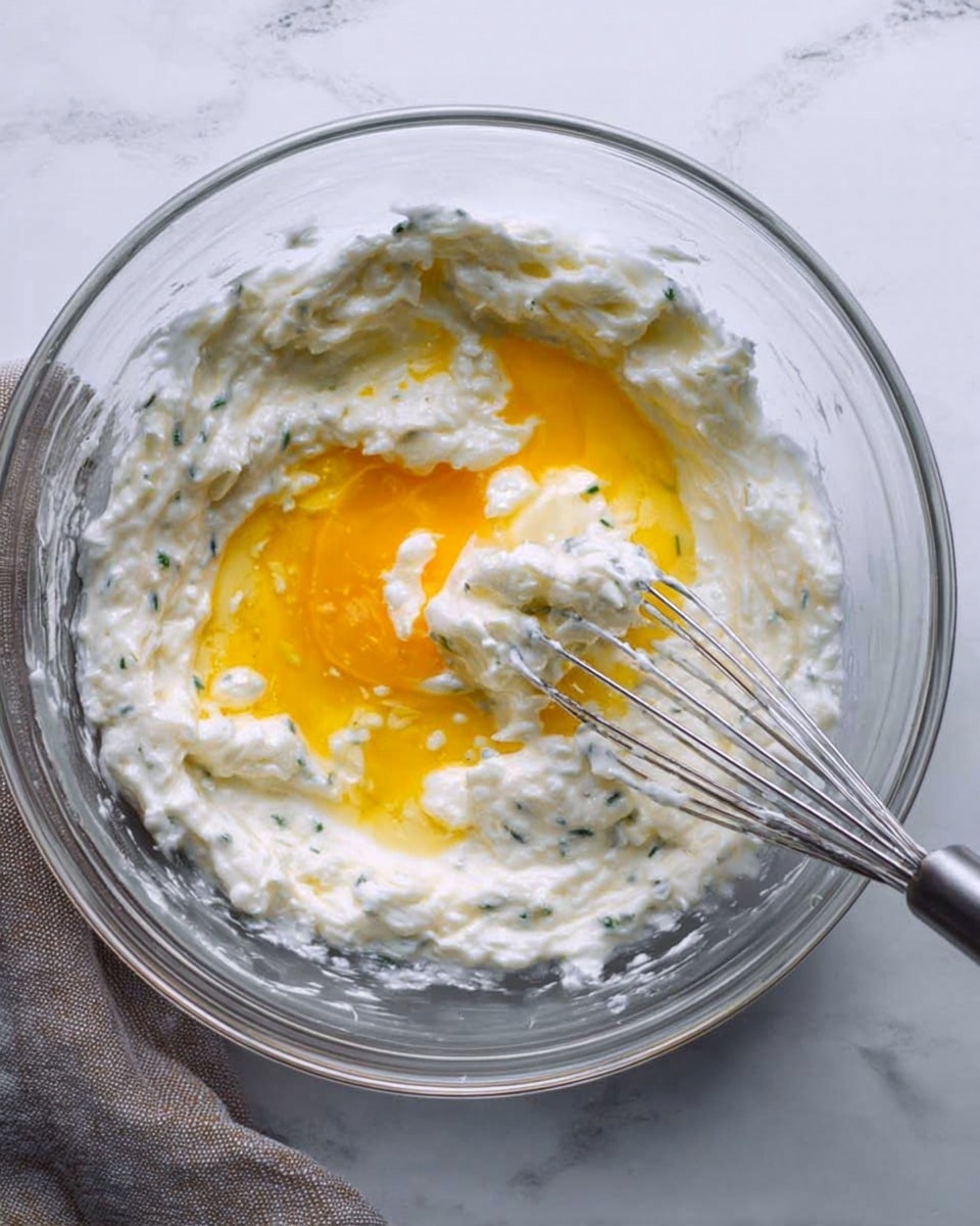 A clear glass bowl sits on a white marbled surface, filled with a thick white mixture that appears creamy and slightly lumpy with small green herb bits scattered throughout. On top of the mixture, there is a bright yellow-orange raw egg yolk partially mixed in, spreading unevenly across the creamy base. A stainless steel whisk is immersed in the bowl, resting in the center, showing some blending motion of the egg and creamy mixture. A folded gray cloth lies nearby on the white marbled surface. Photo taken with an iphone --ar 4:5 --v 7