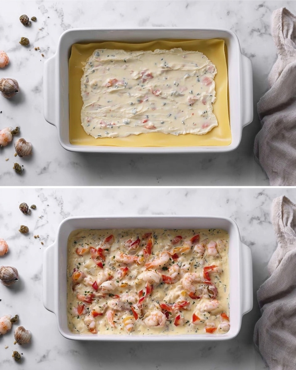 Two side-by-side images show the progress of a layered dish in a white rectangular baking dish placed on a white marbled surface. In the first image, the dish is spread with a creamy white sauce with herbs covering the bottom, and one yellow pasta sheet is laid flat on top, occupying the lower half of the dish. The second image shows the same dish with the creamy sauce layer topped with a mix of seafood including shrimp, pieces of shellfish, and small bits of red seafood, evenly spread across the surface. A woman's hand is not visible but the dish is accompanied by some caper berries and a light gray cloth on the right side. Photo taken with an iphone --ar 4:5 --v 7