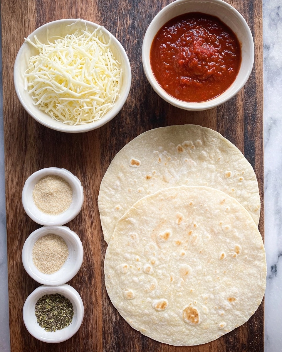 The image shows two round, light beige tortillas placed side by side on a dark wooden board, with visible texture and slight bubbles on their surface. Below the tortillas, there are five small bowls arranged in an arc: on the left, a white bowl filled with a pile of shredded white cheese; next, a white bowl containing smooth, red tomato sauce with a few texture details on top; at the bottom left, a small white bowl with a light tan powder; in the middle bottom, a small white bowl with black pepper; and at the bottom right, a small white bowl with a green herb mixture. A woman's hand is holding the edge of one tortilla slightly at the bottom right. The background is a white marbled texture. Photo taken with an iphone --ar 4:5 --v 7