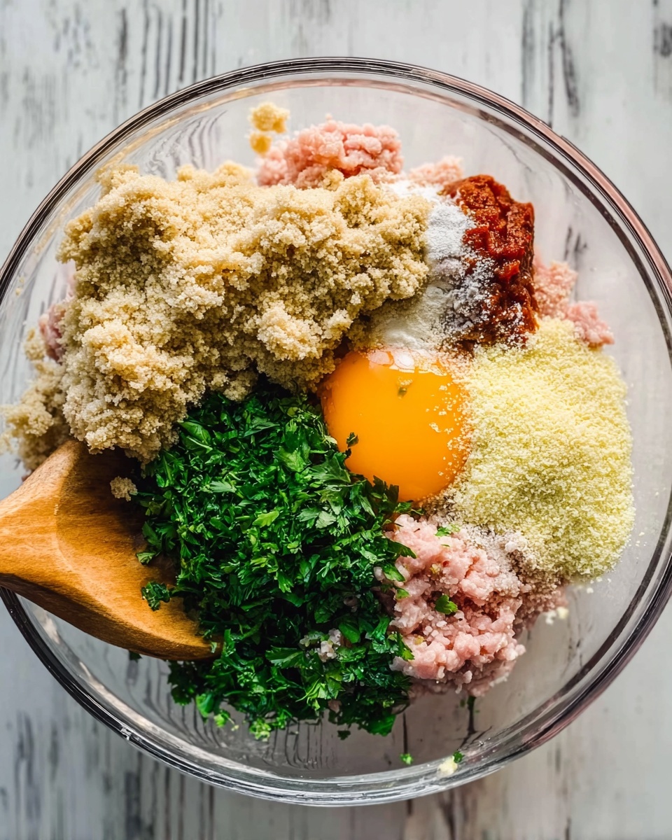 A clear glass bowl holds several separate layers of ingredients arranged side by side. One layer is light pink raw ground meat with soft texture, next to a bright green bunch of fresh parsley leaves. Adjacent to the parsley is a pale yellow egg yolk sitting on a mound of finely grated pale yellow cheese. Above the yolk is a rough-textured pile of light beige breadcrumbs and next to it is a small amount of smooth reddish-orange sauce. A light wood slotted spoon rests inside the bowl on the left side. The setting is a white marbled surface. Photo taken with an iphone --ar 4:5 --v 7