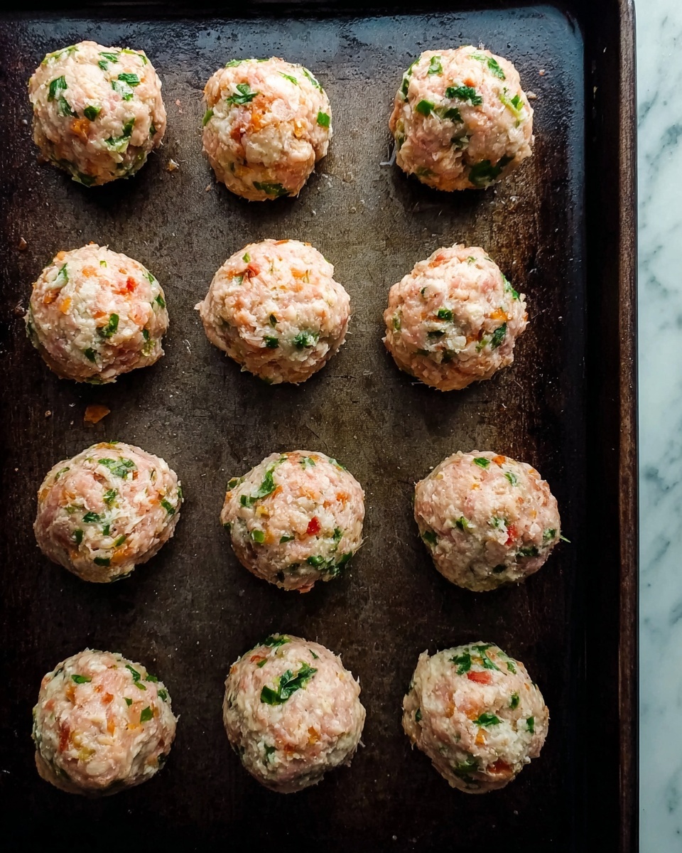 The image shows a dark baking pan with twelve round, raw meatballs evenly placed in a slightly loose grid. Each meatball has a rough texture with visible small chunks of green herbs and bits of red, likely peppers or tomato. The meatballs are light pink and beige in color, with some flecks of white and orange spread throughout, giving them a mixed, uneven appearance. The pan has a matte, well-used look with scratches and slight discoloration. The background is a white marbled surface. photo taken with an iphone --ar 4:5 --v 7