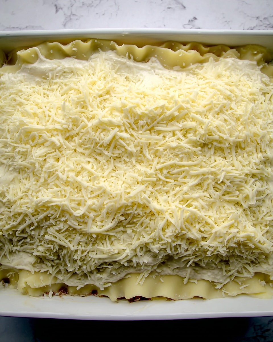 A large white rectangular baking dish on a white marbled surface is filled with a layered lasagna. At the bottom there is a layer of pasta sheets peeking from the edges, topped by a thick creamy white sauce spread evenly. Over the sauce lies a dense layer of shredded pale yellow cheese covering the whole dish, with some cheese spilling slightly over the edges onto the sides of the dish. The textures show the soft pasta edges, creamy sauce beneath, and the fine strands of cheese on top. Photo taken with an iphone --ar 4:5 --v 7