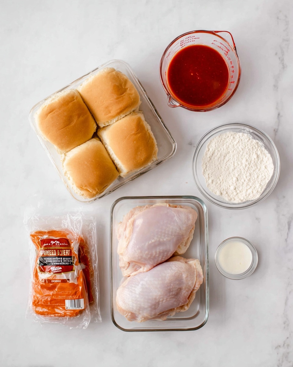 The image shows a clear glass container with two raw chicken pieces on the right side, a package of slider buns on the lower left, and four small containers arranged around them on a white marbled surface. There is a clear measuring cup with red sauce in the top right corner, a bowl with white sauce just left of the red sauce, and a small clear bowl with flour near the bottom center. The colors include pale pink from the chicken, bright red from the sauce, creamy white from the sauces and flour, and the orange packaging of the buns against the white marbled background. photo taken with an iphone --ar 4:5 --v 7