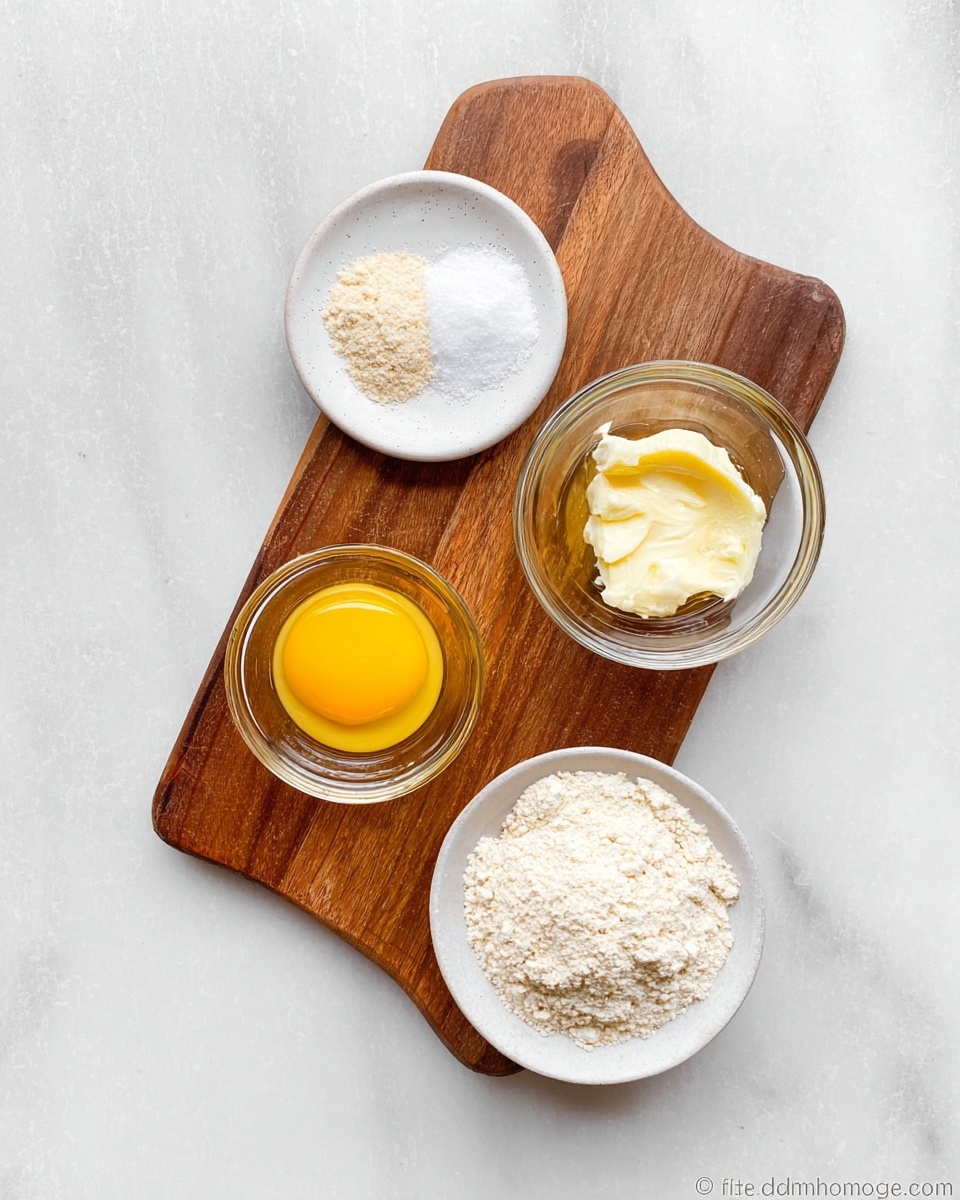 A wooden cutting board placed on a white marbled surface holds two small glass bowls, one with a raw egg showing a bright yellow yolk and clear white, and the other with melted butter, creamy and light yellow in color. Nearby on the white marbled surface, there is a small white plate with two separate piles of white powders, likely salt and baking soda, and a small glass bowl filled with a pale beige powder, possibly flour or almond flour. The scene is simple with clear colors and textures of each ingredient visible. Photo taken with an iphone --ar 4:5 --v 7