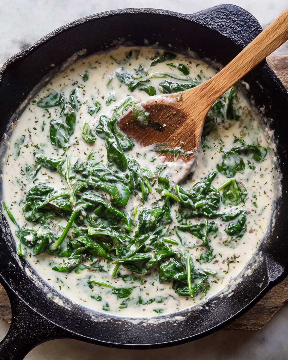 A black cast iron pan filled with a creamy white sauce that has fresh green spinach leaves mixed throughout. The sauce looks smooth and thick with small bits of herbs evenly spread inside. A light brown wooden spoon is partially submerged, stirring the sauce and some spinach. The pan is placed on a white marbled surface that contrasts with the dark pan and highlights the rich cream and vibrant green spinach. photo taken with an iphone --ar 4:5 --v 7