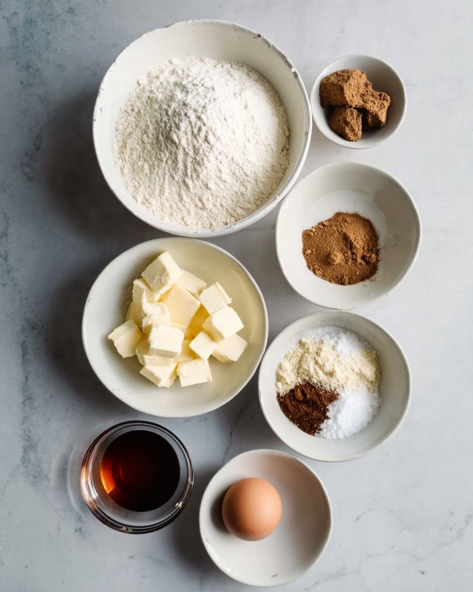 The image shows six white bowls and one small glass cup placed on a white marbled surface. The largest bowl at the top contains different dry ingredients: a large white powder area, a brown powder section, and two small brown clumps. Below it and to the left is a medium white bowl filled with several chunks of pale yellow butter. To the right of this bowl is a smaller bowl containing a mix of brown and white powders. Directly below these, an egg rests on the marble surface just above a small white bowl filled with a dark liquid. At the bottom left is a small glass cup holding a darker amber liquid. Photo taken with an iphone --ar 4:5 --v 7