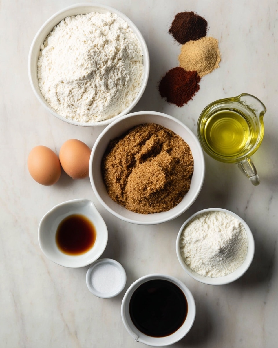 The image shows six containers of ingredients placed on a white marbled surface. Starting from the top, there is a white bowl filled mostly with white flour, and four spices in small piles on one side: beige, dark brown, reddish-brown, and light brown. Below it is a white bowl filled with packed brown sugar. To the right of the brown sugar is a clear glass pitcher with a light yellow liquid, likely oil. Below the pitcher are three brown eggs sitting in a small white bowl. To the left of the eggs is a small white container with a dark brown liquid, and below that is a white bowl with a white powdery ingredient. The colors range from white to shades of brown and yellow, all presented simply with no utensils visible. Photo taken with an iphone --ar 4:5 --v 7