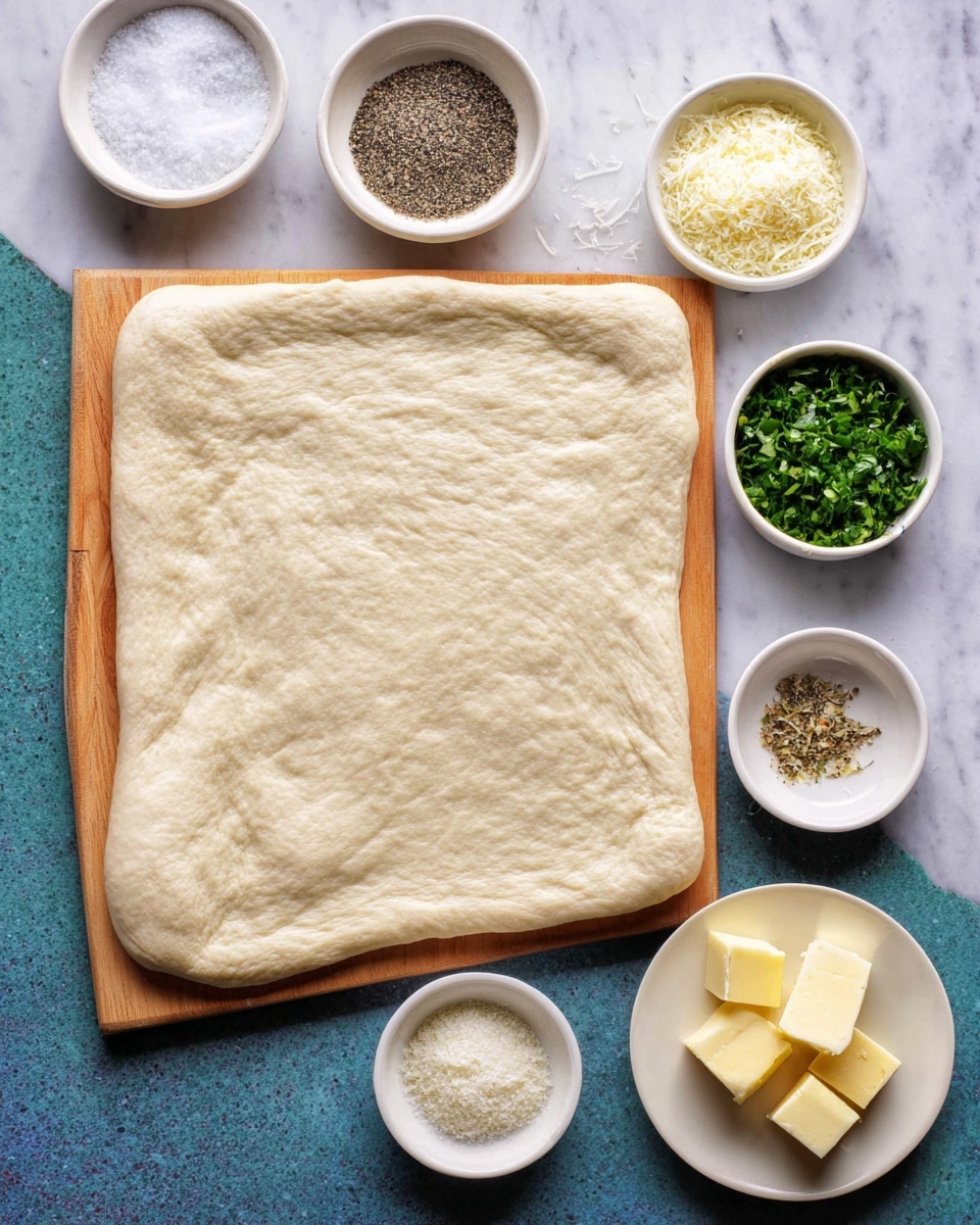 A large, rectangular sheet of dough with a light beige color and smooth texture is placed on a wooden board on top of a white marbled surface. Around the dough, there are six small white bowls arranged in a loose semicircle: one holding coarse salt, another with black pepper, a bowl with grated Parmesan cheese, one filled with chopped garlic, another with chopped fresh green herbs, and the last with three small cubes of pale yellow butter on a white plate. photo taken with an iphone --ar 4:5 --v 7