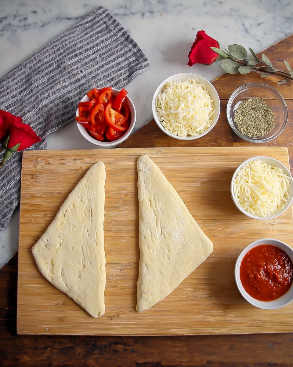 The image shows two rectangular pieces of folded dough placed side by side on a light wooden cutting board. The dough pieces are light beige with a slightly rough texture and visible folds. Next to the cutting board on a wooden surface, there are five small bowls arranged in a loose cluster: a white bowl with thin red slices of pepperoni, a white bowl with shredded white cheese, a white bowl with grated white cheese, a white bowl with red tomato sauce, and a clear small bowl with dried green herbs. A red rose and a striped blue cloth are placed in the upper left corner, adding color contrast. The photo taken with an iphone --ar 4:5 --v 7