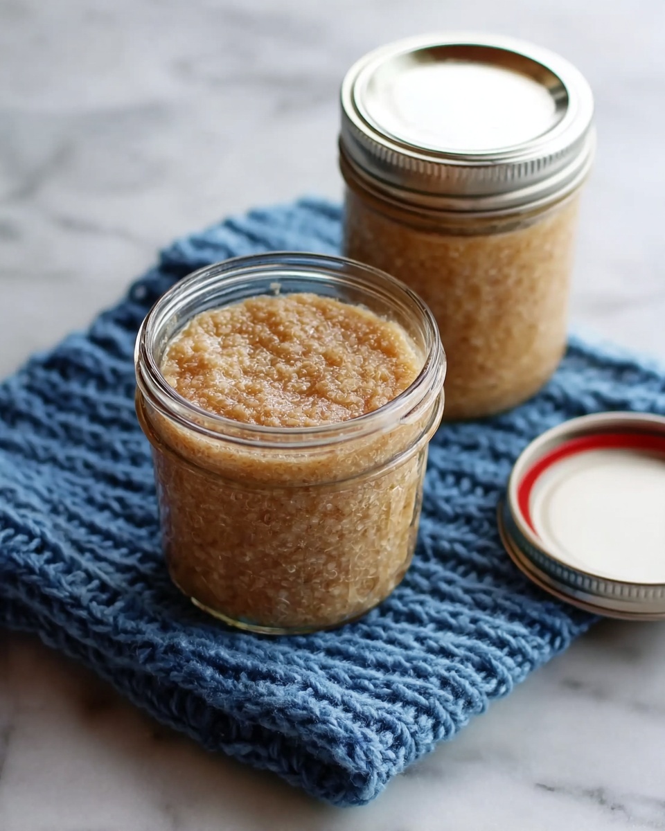 Two glass jars filled with a thick, grainy, light brown mixture. One jar is open, showing the textured surface of the mixture close to the top edge, while the other jar is closed with a shiny silver lid. Both jars sit on a small, chunky knitted blue square cloth that contrasts with the smooth white marbled surface beneath. The open jar lid, silver on the outside with a red inner ring, lies next to the jars on the cloth. photo taken with an iphone --ar 4:5 --v 7